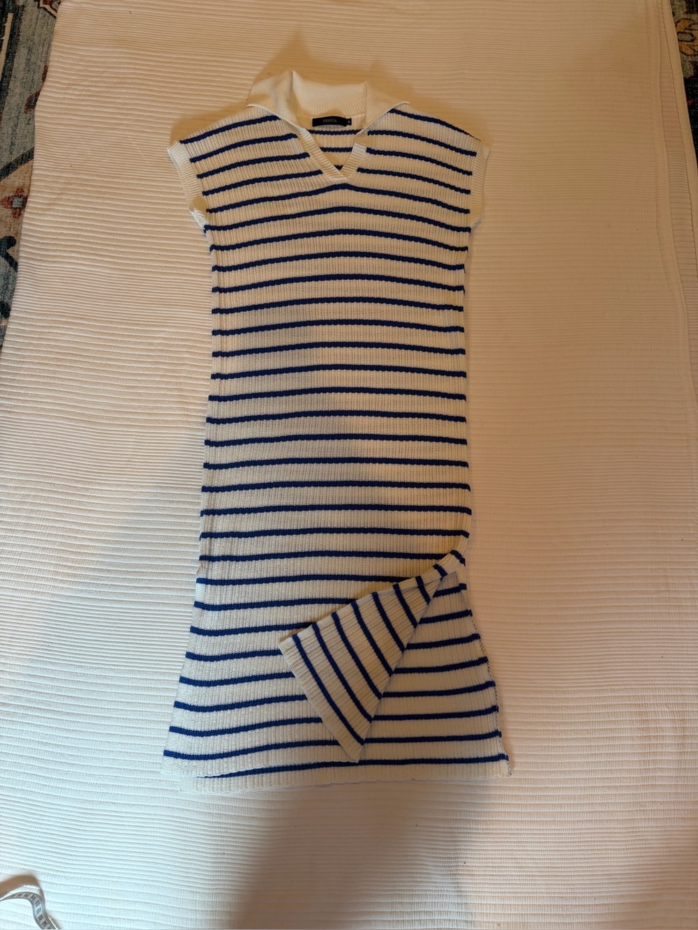 Striped Knit Sleeveless Midi Dress in White and Blue